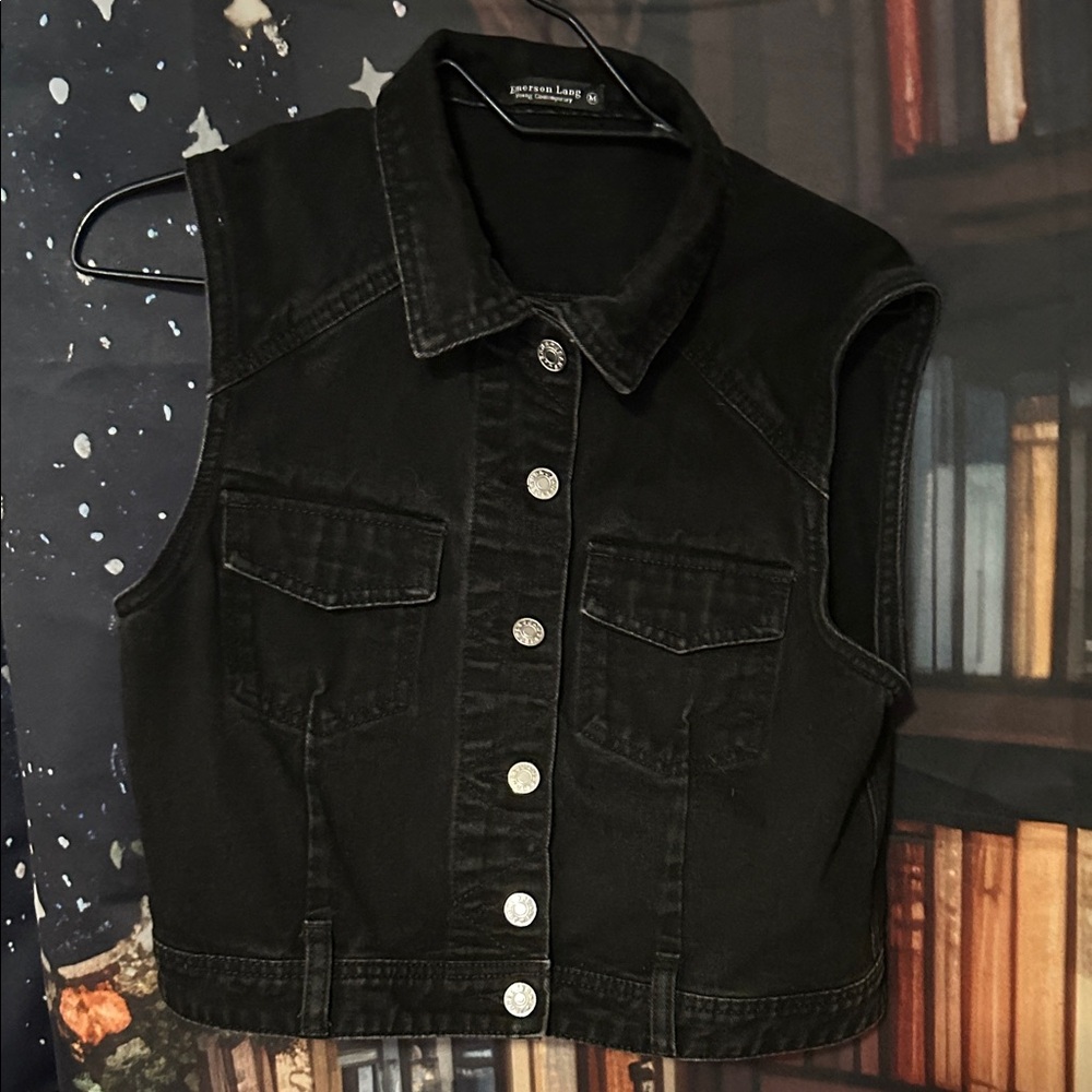 Express Design Studio Black Sleeveless Button-Front Denim Vest